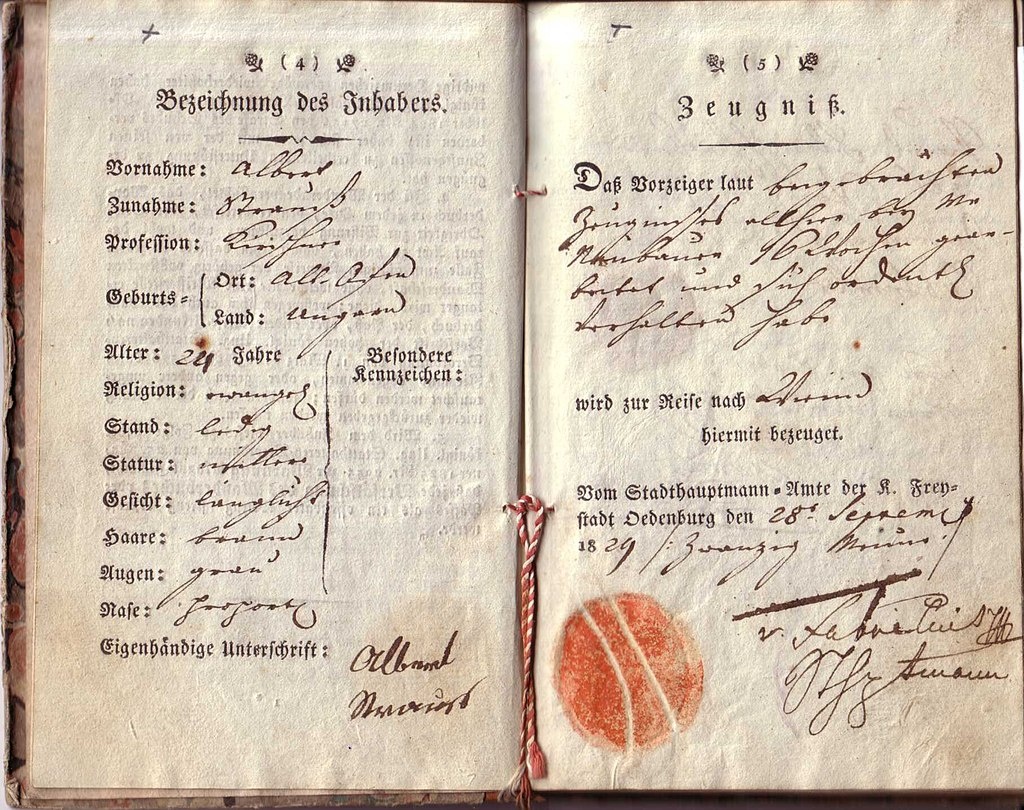 Wanderbuch, ausgestellt von dem Magistrat der königlichen Freistadt Ödenburg. Auf den Seiten ist eine Bezeichnung des Inhabers und ein Reifezeugnis abgedruckt. © Wikimedia