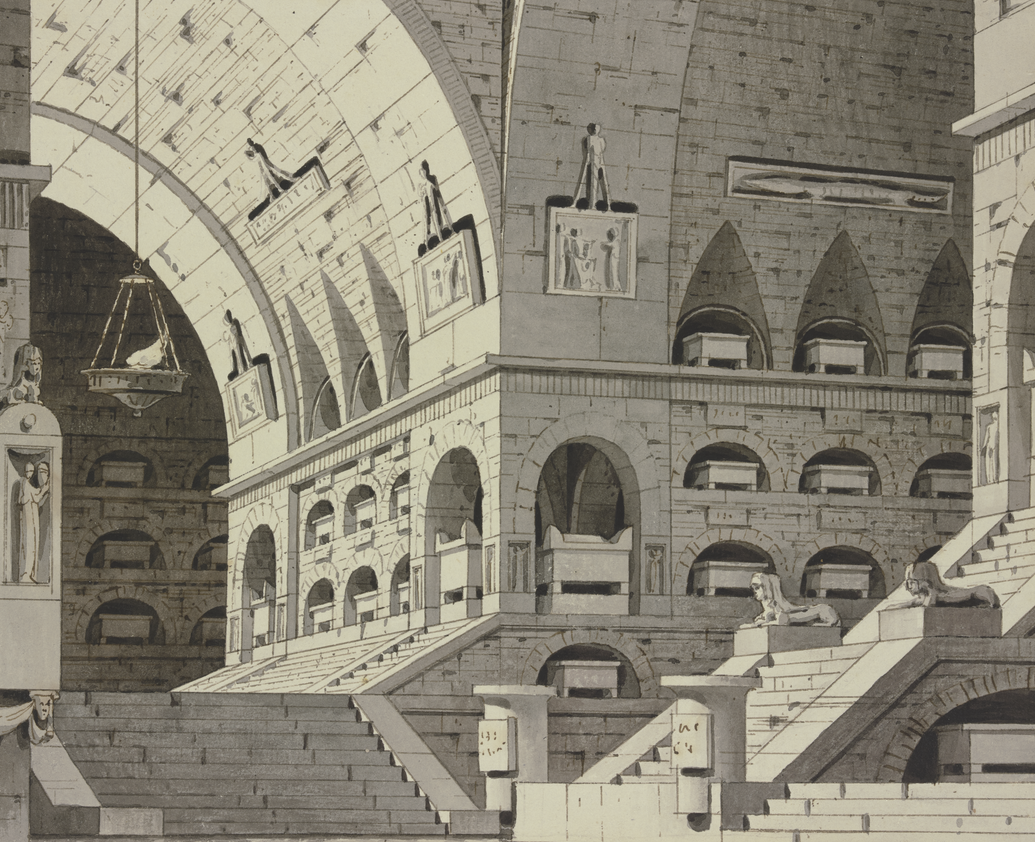 Zeichnung eines ägyptischen Grabgewölbes mit vielen Sarkophagen in dafür vorgesehenen Einbuchtungen in der Mauer. Rechts ein Treppenaufgang, der an zwei Sphinx-Statuen vorbeiführt. Links ein Treppenaufgang zu einem Rundbogen. ©  Wikimedia