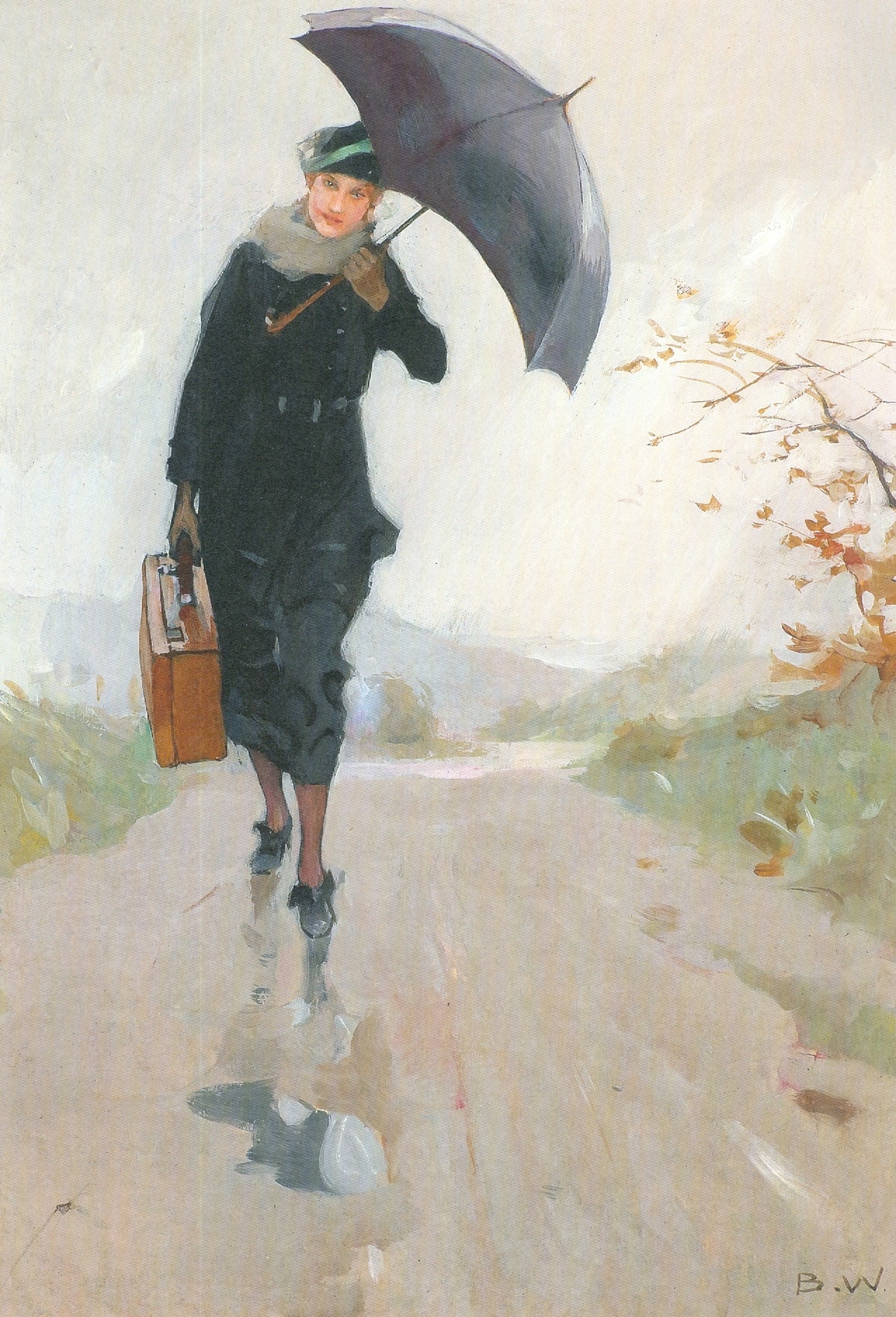 Eine Frau mit selbstbewusstem Blick geht einen Weg entlang. In einer Hand hält sie einen Koffer. In der anderen einen Schirm.  © Wikimedia, Junge Frau mit Regenschirm und Koffer, Brynolf Wennerberg, um 1920