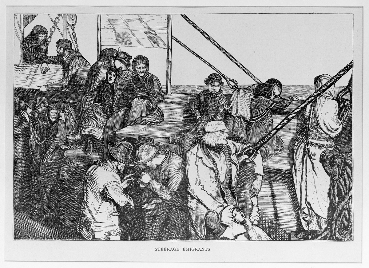Zeichnung, auf der europäische Migrant:innen an Deck eines Schiffes abgebildet sind. © Wikimedia