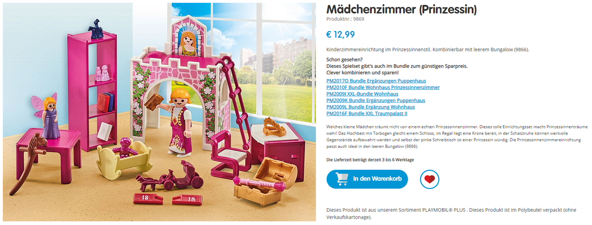 Ein Screenshot des Playmobil-Sets „Mädchenzimmer (Prinzessin)”. Rechts die Produktbeschreibung und Weblinks zu anderen Produkten, links ein Mädchen, umgeben von pinker Zimmereinrichtung. Sie trägt ein rosa Prinzessinnenkleid und in der Hand hält sie ein Buch. © Screenshot von playmobil.at