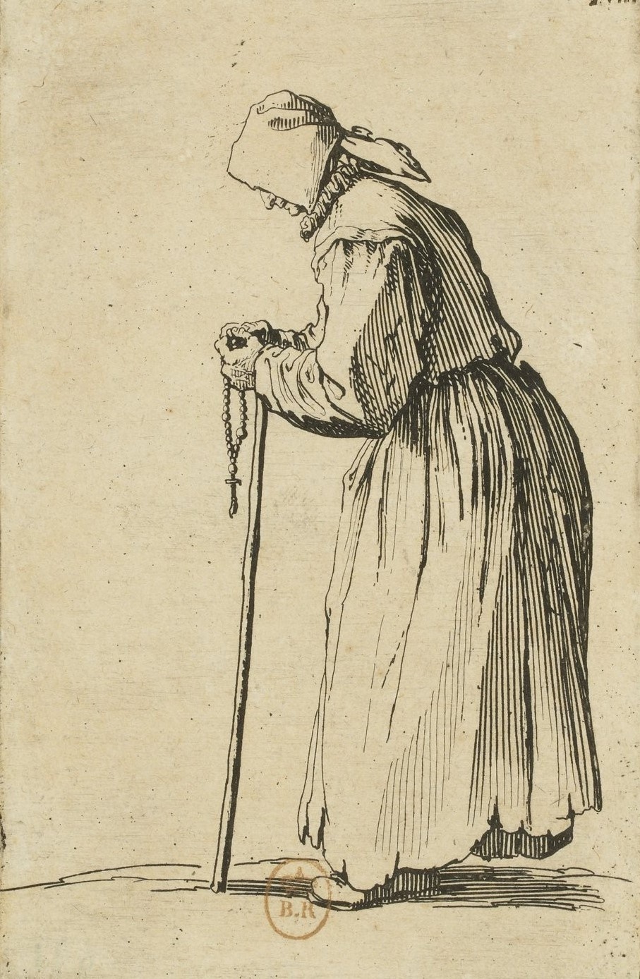 Zeichnung von einer alten Frau mit Kopftuch und zerrissenem Kleid. Sie lehnt auf einem Stock und betet den Rosenkranz.  © Wikimedia