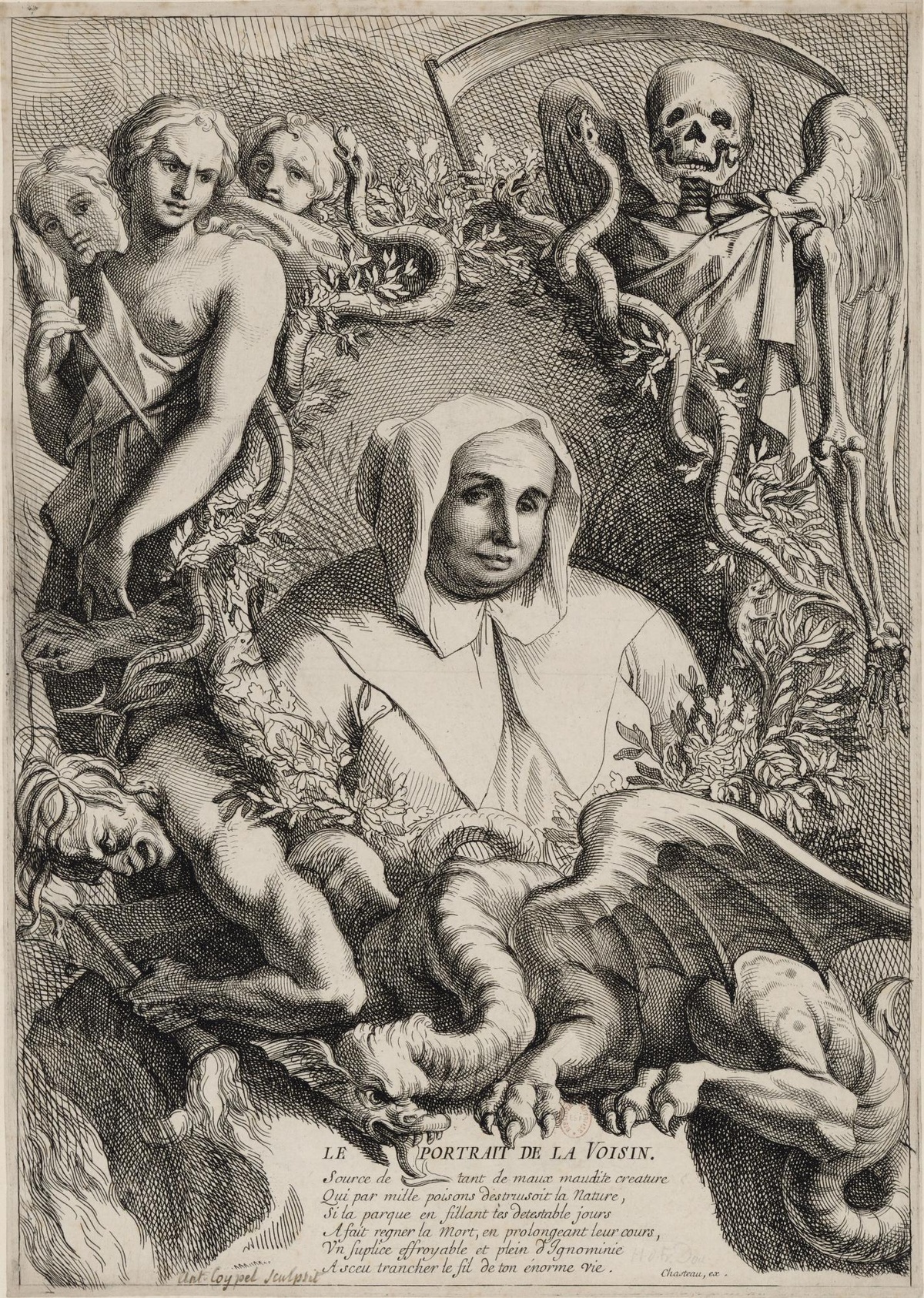 Zeichnung von einer Frau mit weißer Kapuze und Mantel, rundherum Schlangen, ein Drache und mystische Menschenfiguren sowie ein Skelett mit Flügeln und Sense.   © Wikimedia 