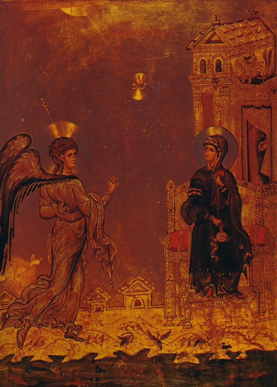 Gemälde von einem Engel mit Flügeln und wallendem Gewand mit goldenem Heiligenschein und einer Frau mit Kleid und goldenem Heiligenschein, die auf einem goldenen Stuhl sitzt. Im Hintergrund Gebäude. © Wikimedia