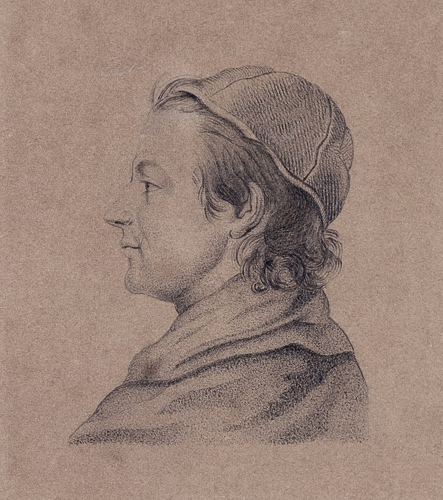 Eine Zeichnung von Phillipp Matthäus Hahn. Der Kopf von Hahn ist im Profil zu sehen. Er schaut nach links. Er trägt eine Mütze. © Wikimedia, Johann Phillip Weisbrot, Porträt des Phillipp Matthäus Hahn, 1773