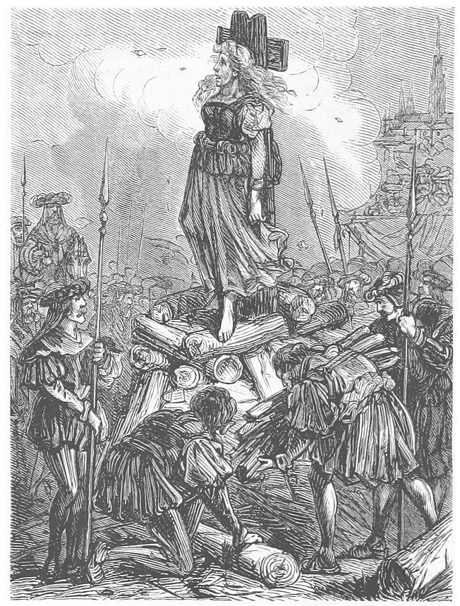 Das Bild zeigt Elsa Plainacher auf dem Scheiterhaufen. Sie ist umringt von Männern mit Speeren. Zwei Männer bringen mehr Holz für das Feuer. Im Hintergrund sind die Umrisse von Wien sichtbar. © British Library, Die erste und einzige Hexenverbrennung zu Wien, 1880.