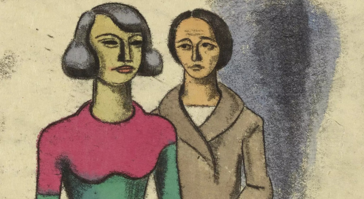 Die Zeichnung zeigt zwei junge Frauen mit ernstem Gesichtsausdruck. Die Frau im Vordergrund trägt ein grün-rotes Oberteil und kinnlange Haare. Die Frau im Hintergrund trägt einen braunen Mantel und die Haare zusammengebunden. © Wien Museum, Karl Wiener, Schwestern, um 1930. 