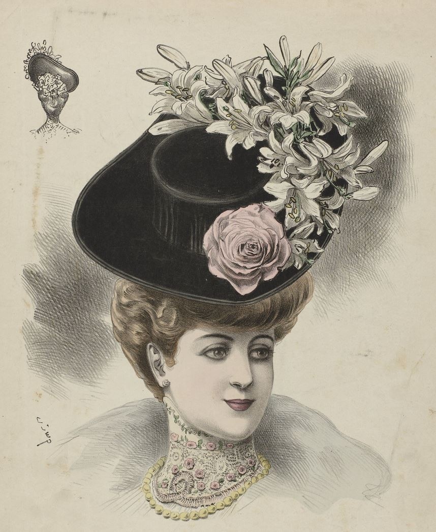 Zeichnung einer Frau mit schwarzem Hut, auf dessen breiter Krempe eine rosafarbene Rose und zahlreiche weiße Lilien als Schmuck befestigt sind. Die Haare der Frau sind hochgesteckt.  © Wikimedia. 