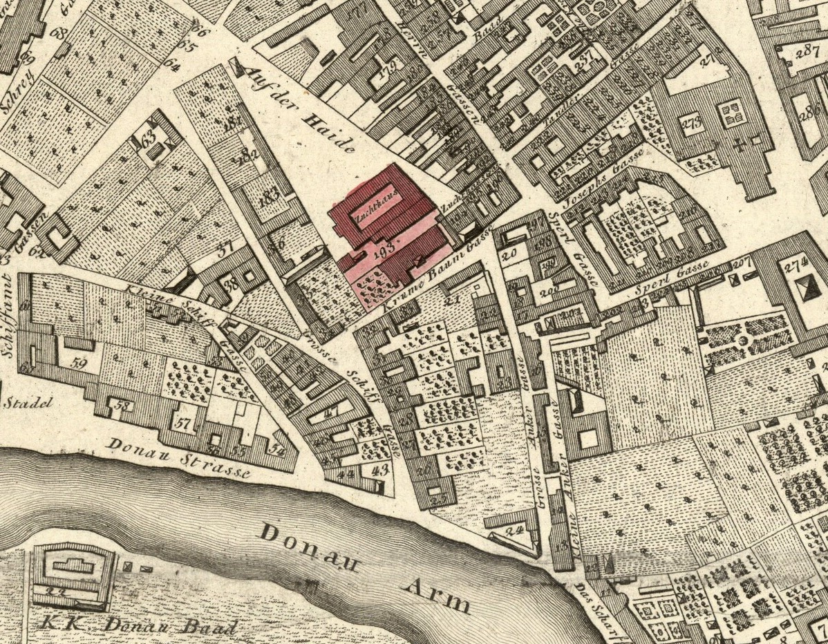 Stadtteilplan von Wien mit dem Zuchthaus im 2. Bezirk aus der Vogelperspektive. © Wien Museum