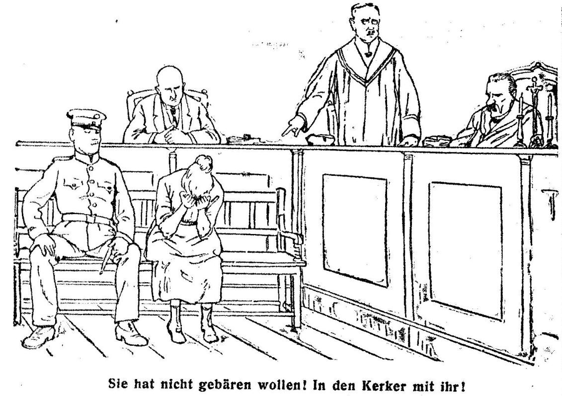 Illustration einer weinenden Frau vor Gericht mit der Bildunterschrift: „Sie hat nicht gebären wollen! In den Kerker mit ihr!“ © ANNO