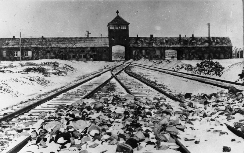 Fotografie von Eisenbahnschienen, die zum Lagertor des Konzentrationslagers Auschwitz führen. © Wikimedia