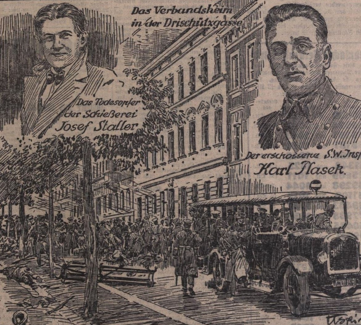 Karikatur der Ereignisse vom 16. Oktober 1932: Polizisten vor dem Arbeiterheim und Porträts von zwei Todesopfern. © Anno