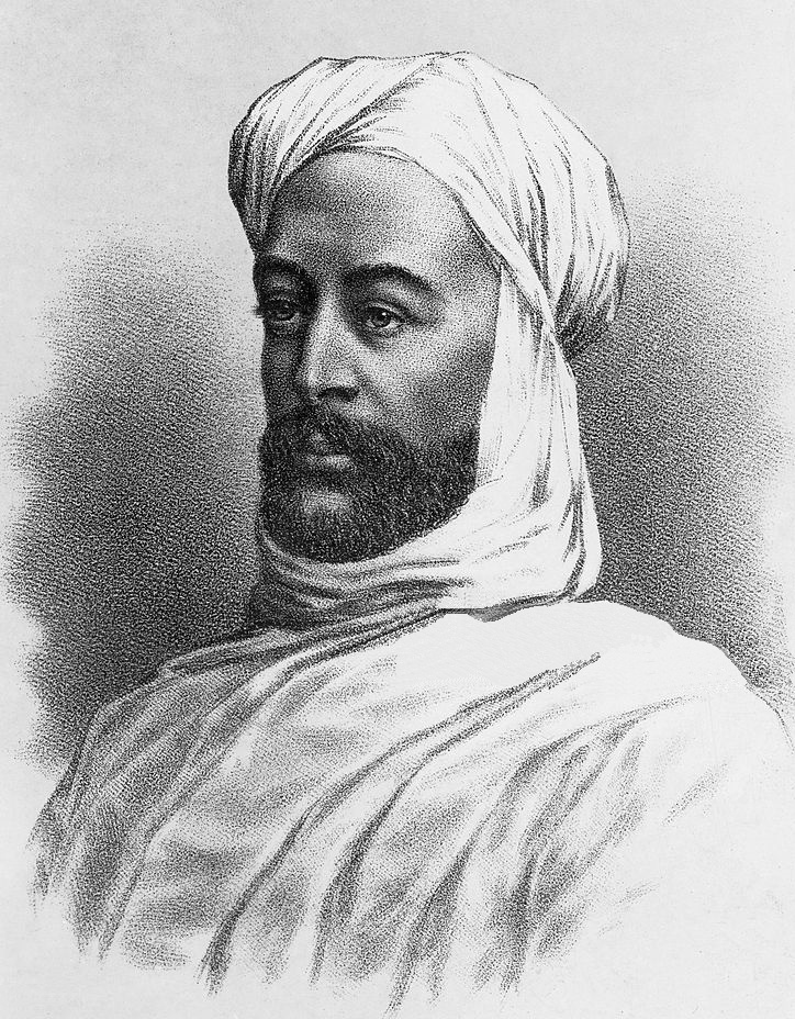 Bild des Anführers der Mahdisten, Muhammad Ahmad. Er trägt weiße Kleidung und Kopfbedeckung. © Wikipedia