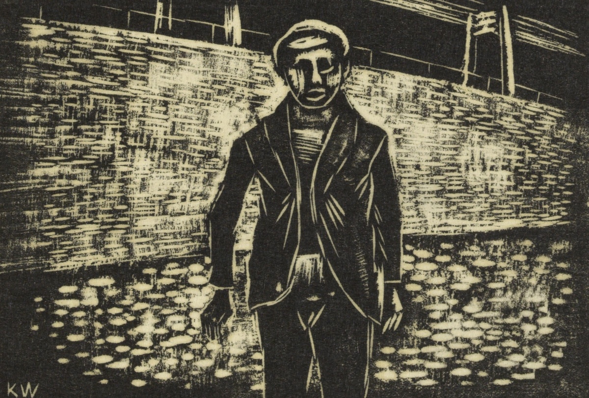 Der Druck in schwarzer Farbe auf hellem Papier zeigt einen Mann in verbeulter Jacke.  © Wien Museum, Karl Wiener, Obdachloser, um 1930.  