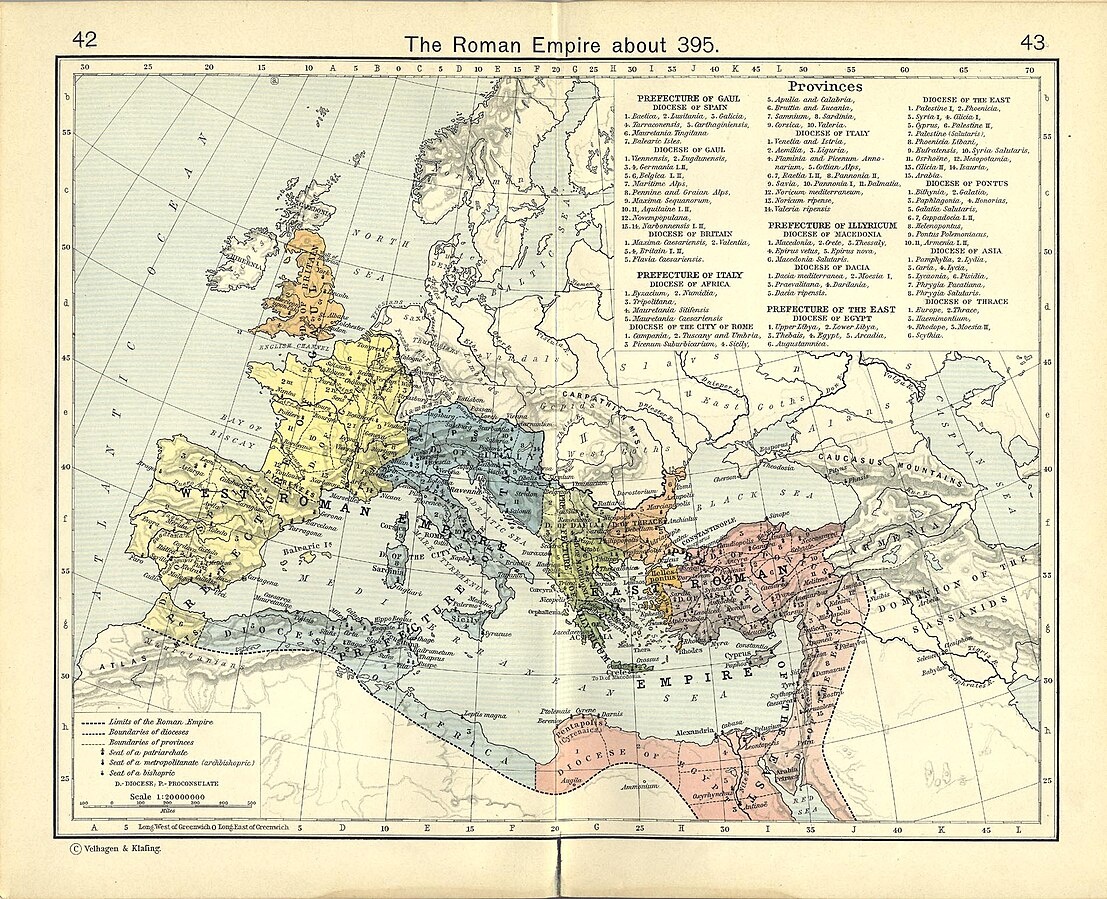 Landkarte mit rosa und blauen Einfärbungen von Europa, Teiles Asiens und Nordafrika.  © Wikimedia, Römisches Reich um 395 n. Chr. 