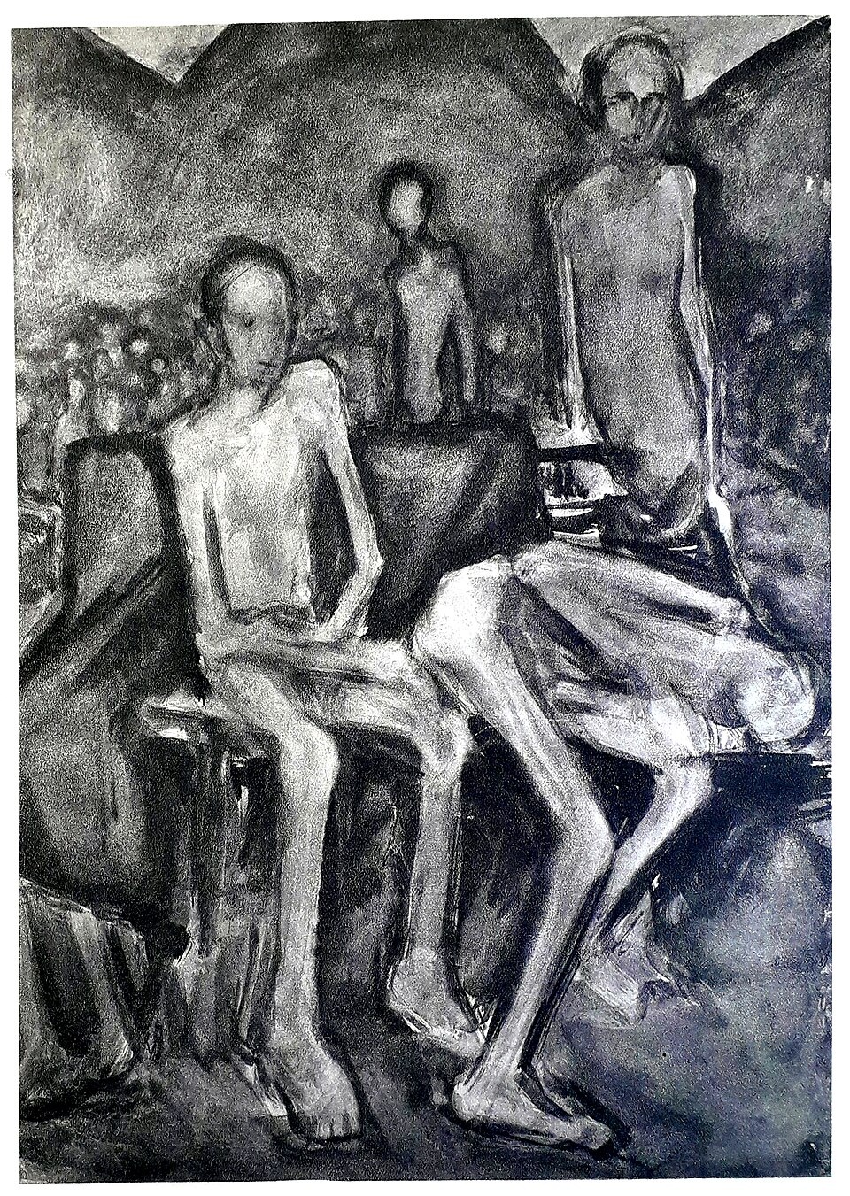  Das Aquarell in schwarzer Farbe auf hellem Hintergrund zeigt ausgezehrte H&auml;ftlinge mit d&uuml;rren Gliedma&szlig;en. Im Vordergrund befindet sich eine sitzende Figur, rechts davon ist eine weitere Person in sich zusammengesackt. Dahinter befinden sich zwei weitere Menschen und im Hintergrund eine Menschenmenge vor Bergen. Die Gesichter der Figuren sind schemenhaft und verschwommen. &copy; Wikimedia, Milo&scaron; Bajić, Tag der Befreiung in Mauthausen, Aquarell auf Karton, 1947.