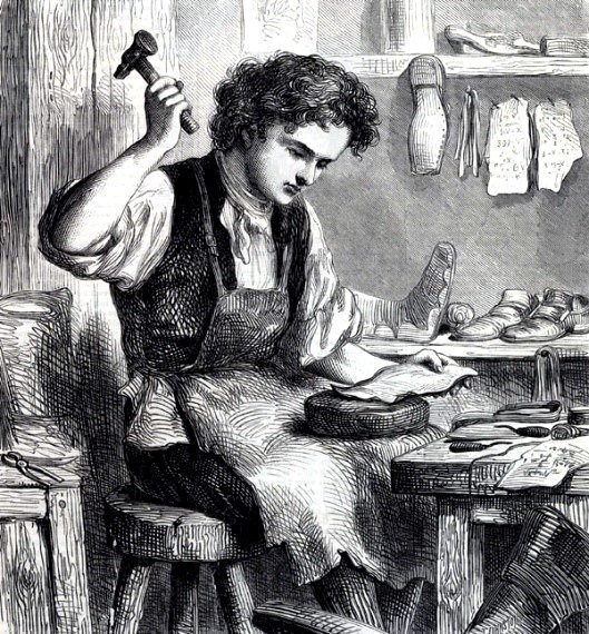 Ein Schuhmacherlehrling hämmert an seinem Arbeitsplatz ein Stück Leder. © Wikimedia 