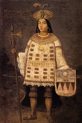 Gemälde, auf dem der letzte Inka-König Túpac Amaru in Kriegerkleidung mit Speer und Wappen abgebildet ist. © Wikimedia
