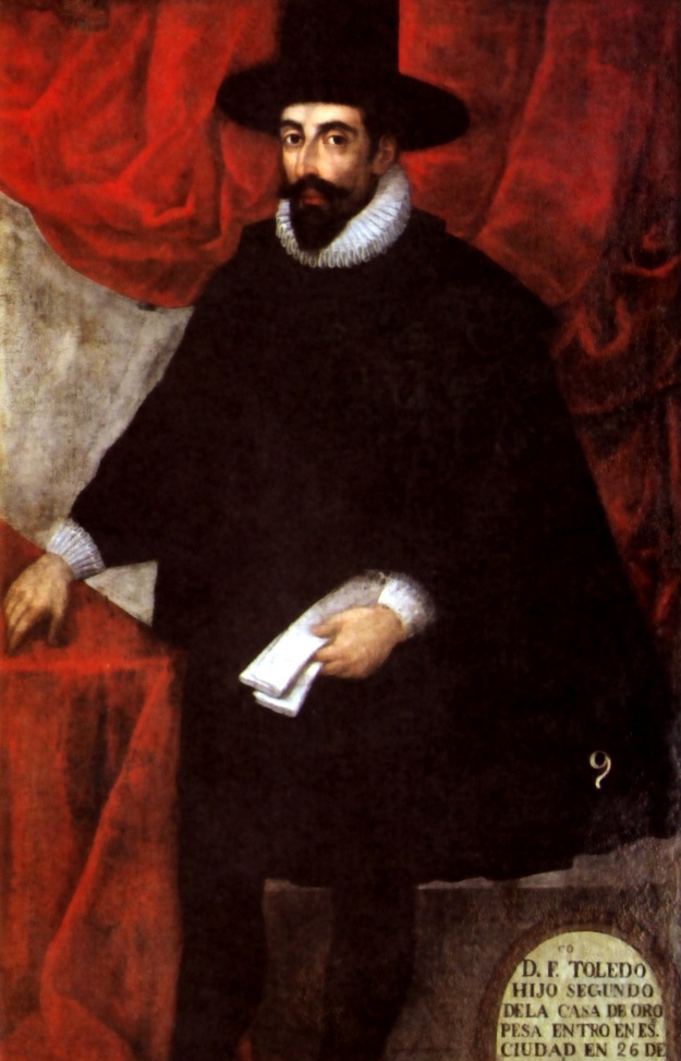 Gemälde, auf dem Spaniens Vizekönig Francisco de Toledo mit schwarzem Mantel, weißem Kragen und Hut abgebildet ist. © Wikimedia