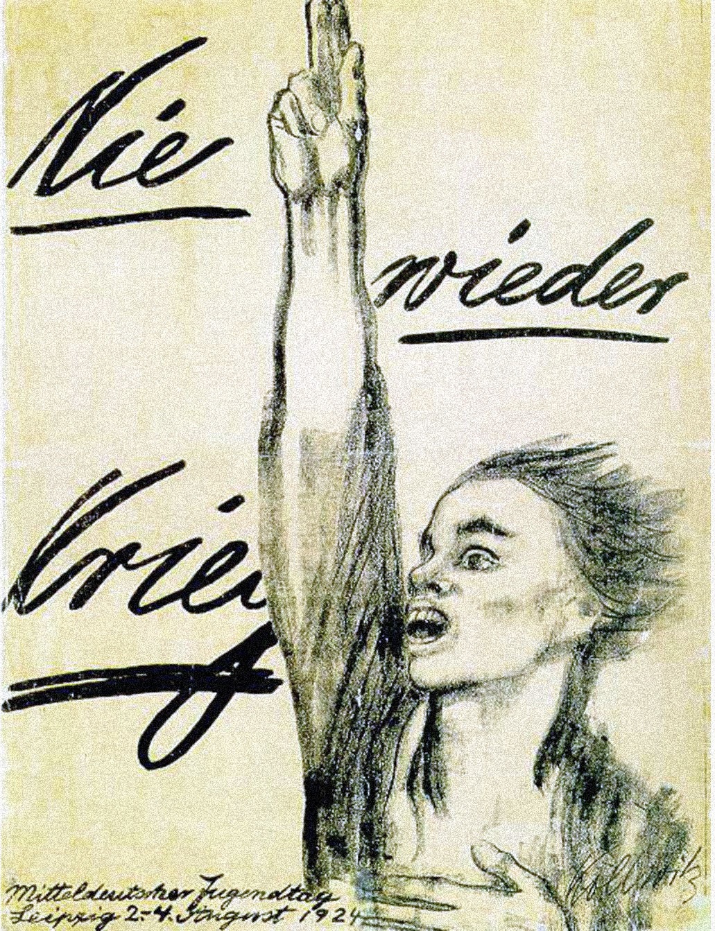 Eine Frau streckt den rechten Arm in die Höhe. Im Hintergrund die Aufschrift “Nie wieder Krieg”.  © Wikimedia