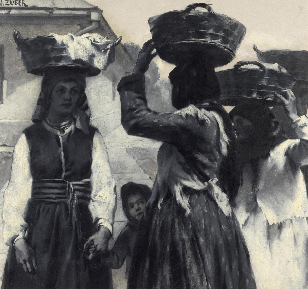 Drei Bäuerinnen kehren mit Körben am Kopf vom Markt heim. Ein Kind hält die Hand der Frau ganz links.  © ÖNB