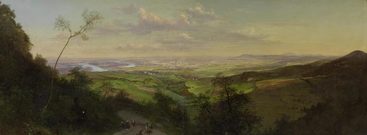 Das Ölbild zeigt im Vordergrund bewaldete Hügel; in der Ferne die Donau und die Stadt Wien. © Wien Museum, Wien vom Kahlenberg aus gesehen, Josef Schwemminger, 1870