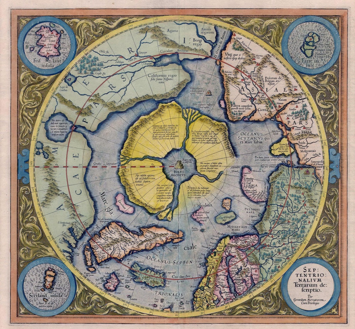 Eine gezeichnete Karte des Nordpols. In einem gelben Kreis sind die nördlichen Teile der Kontinente Europa, Amerika und Asien zu sehen. Grönland grenzt an ein annähernd rundes Festland mit vier Flüssen. In der Mitte befindet sich ein Gewässer, aus dem direkt am Nordpol ein Berg emporragt. © Wikipedia