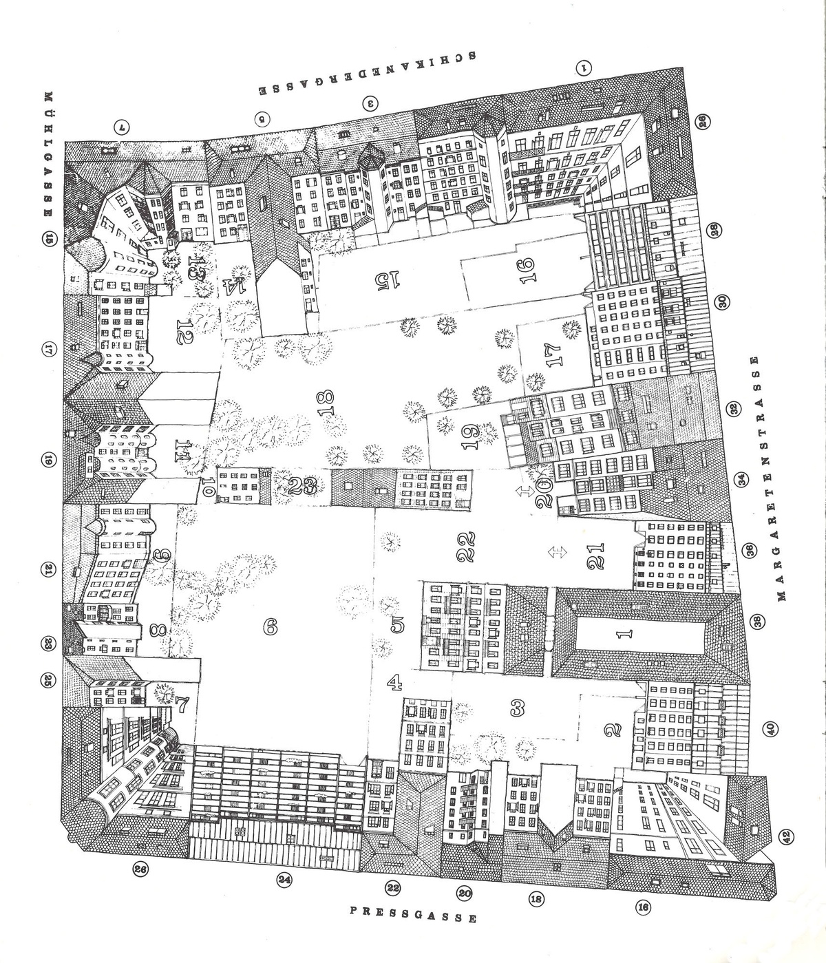 Das Bild zeigt den Lageplan des Planquadrats mit Innenhof und H&auml;usern in Vogelperspektive.  &copy; Gartenhofverein Planquadrat, Lageplan des Planquadratspiels