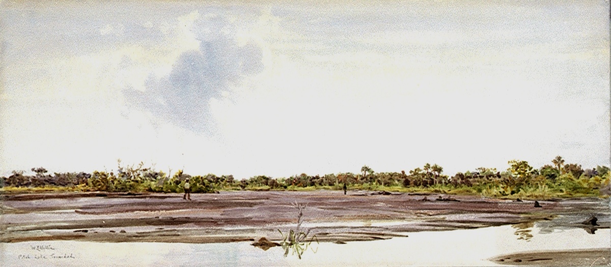 Auf einem graubraunen Untergrund mit Wasserlachen gehen zwei Menschen herum. Im Hintergrund sind grüne Sträucher und Bäume. Der Himmel ist grau. © Wikimedia