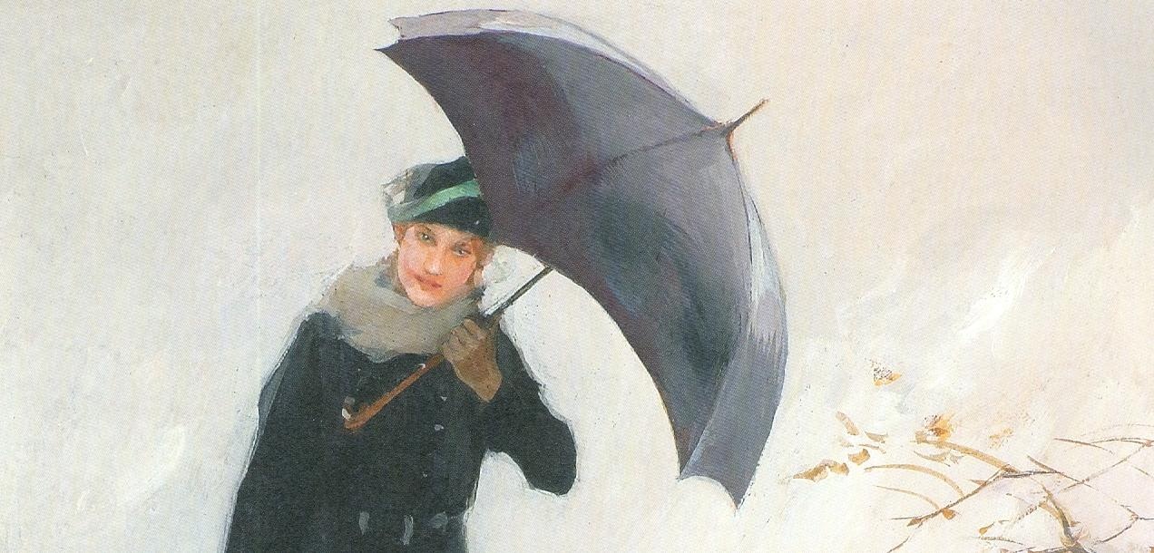 Eine Frau mit selbstbewusstem Blick geht einen Weg entlang. In einer Hand hält sie einen Koffer. In der anderen einen Schirm.  © Wikimedia, Junge Frau mit Regenschirm und Koffer, Brynolf Wennerberg, um 1920