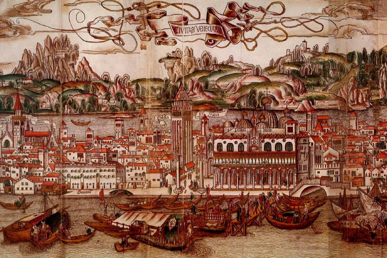 Venedig im 15. Jahrhundert mit Häusern, Palästen und Schiffen. Im Hintergrund befinden sich Inseln und grüne Hügel.  © Wikimedia