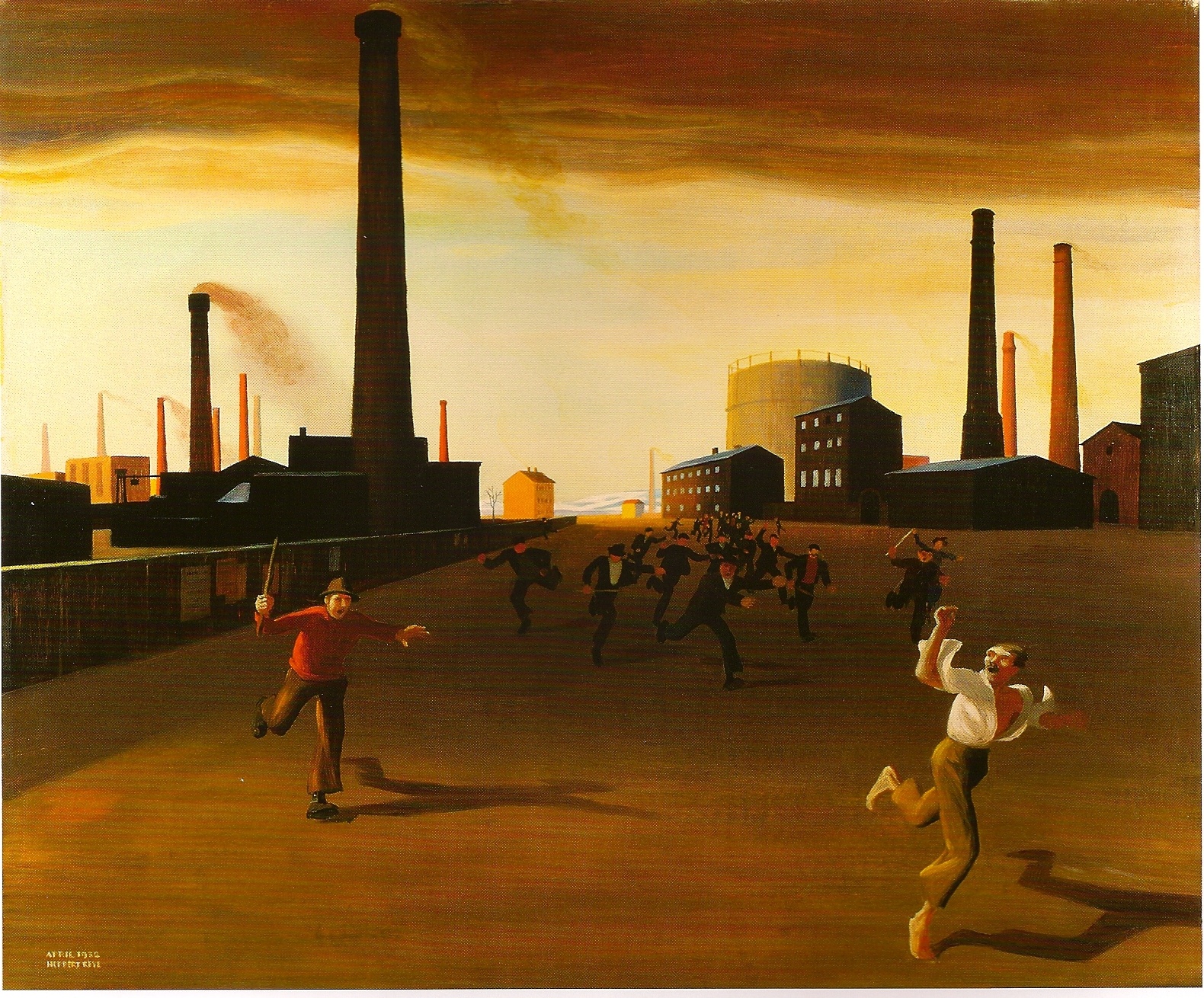 Gemälde, auf dem ein Arbeiter in einem Industrieviertel vor einem wütenden Mob davonläuft. © Wikimedia / Herbert von Reyl-Hanisch 