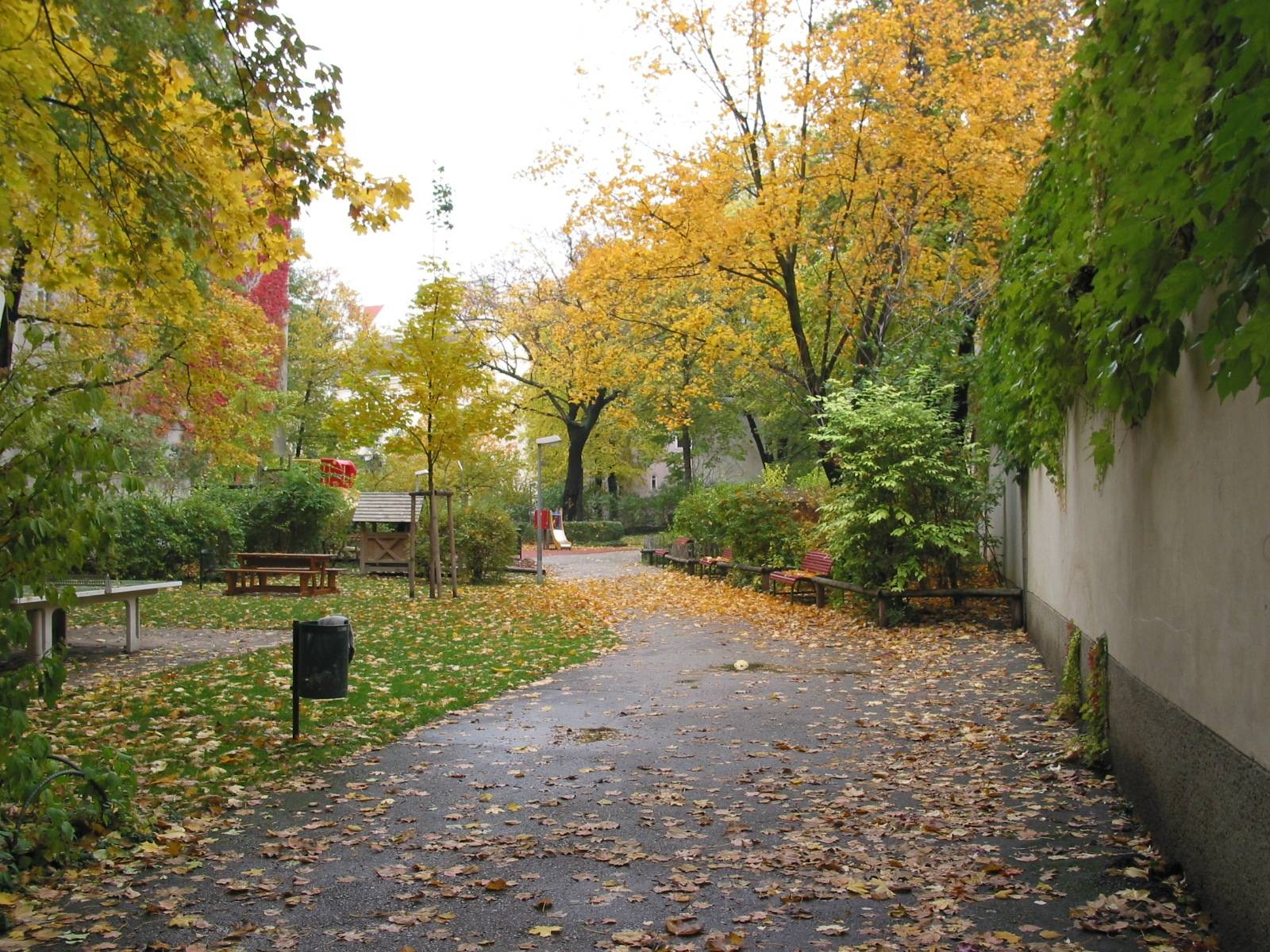 Das Foto zeigt den Planquadrat-Garten im Herbst. In der Mitte ist ein Weg, auf dem orange und braune Bl&auml;tter liegen. Rechts im Bild ist eine Mauer mit gr&uuml;nen Bl&auml;ttern von wildem Wein. Im Hof stehen mehrere B&auml;ume mit gr&uuml;nen und gelborangen Bl&auml;ttern, au&szlig;erdem gibt es B&auml;nke und einen Tischtennistisch.  &copy; I, Extrawurst, Planquadrat heute, CC BY-SA 3.0