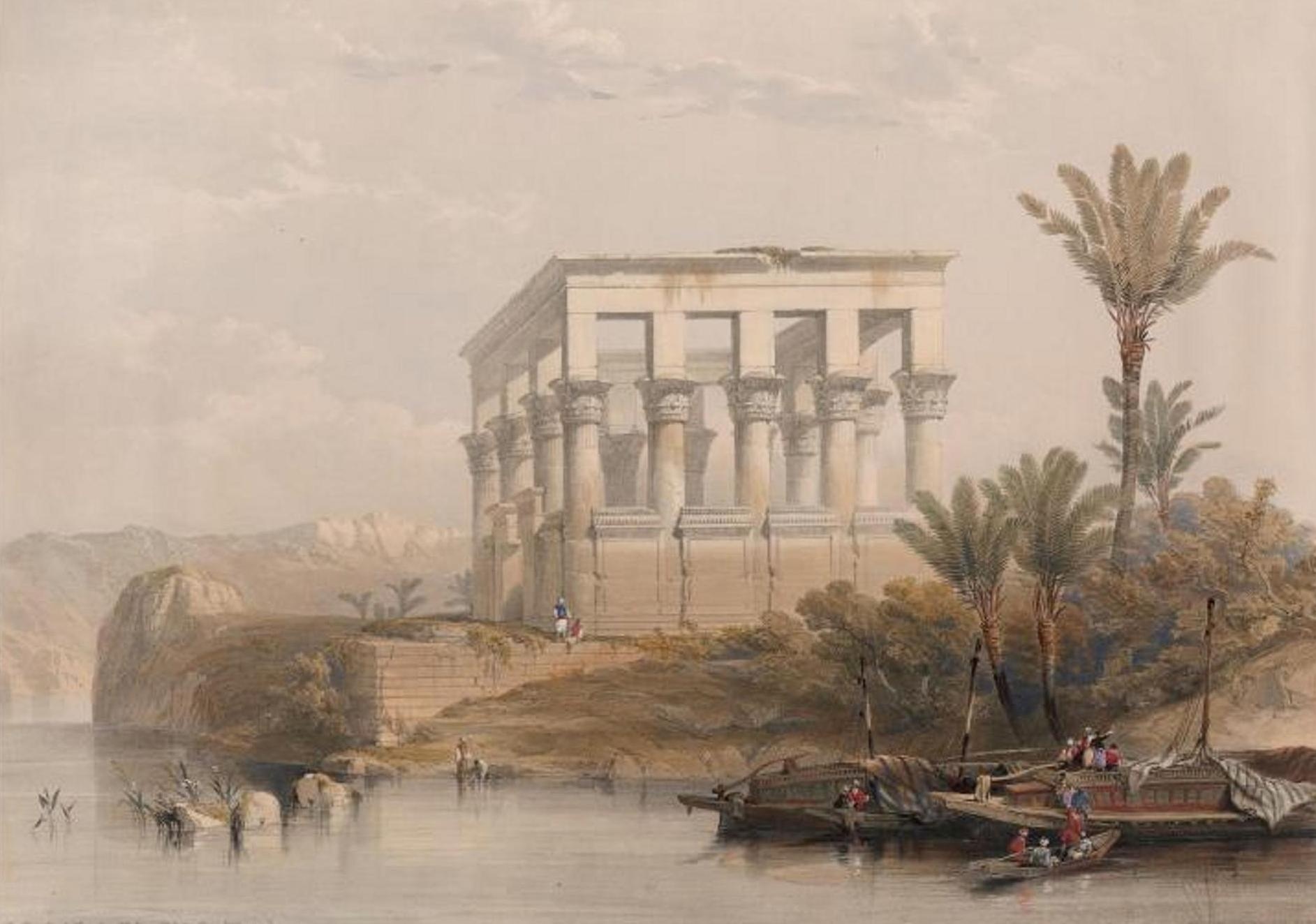Im Vordergrund Schiffe auf dem Nil. Das Ufer ist von Palmen gesäumt und auf einer Anhöhe im Hintergrund steht ein Tempel.  © New York Public Library
