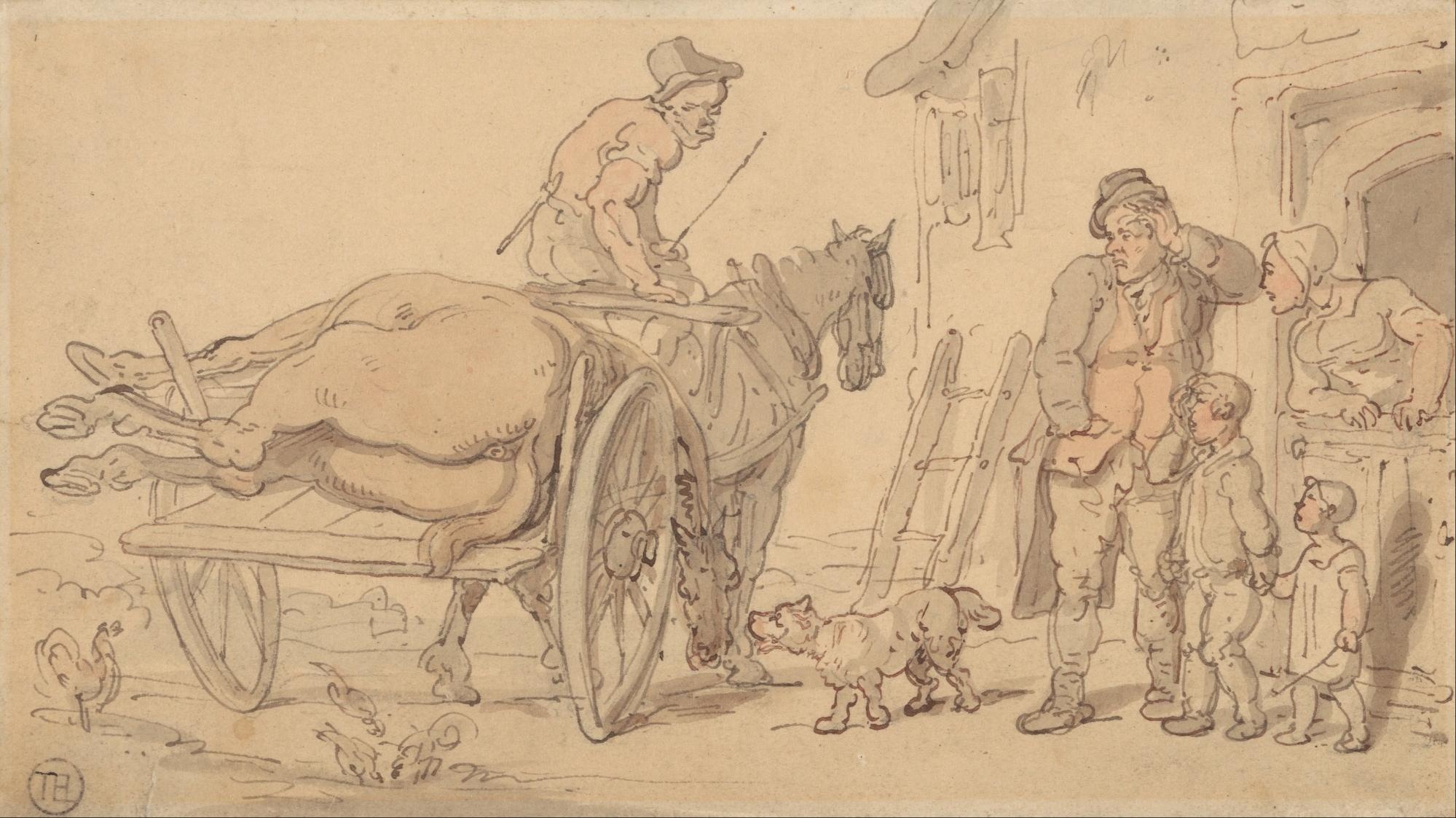 Ein Mann sitzt auf seiner Kutsche und hat ein Pferd darauf liegen. Neben der Kutsche steht eine Familie und blickt auf die Kutsche.  © Wikimedia, Ein totes Pferd auf dem Wagen (Schinderkarre) eines Abdeckers, Thomas Rowlandson, 1756–1827.
