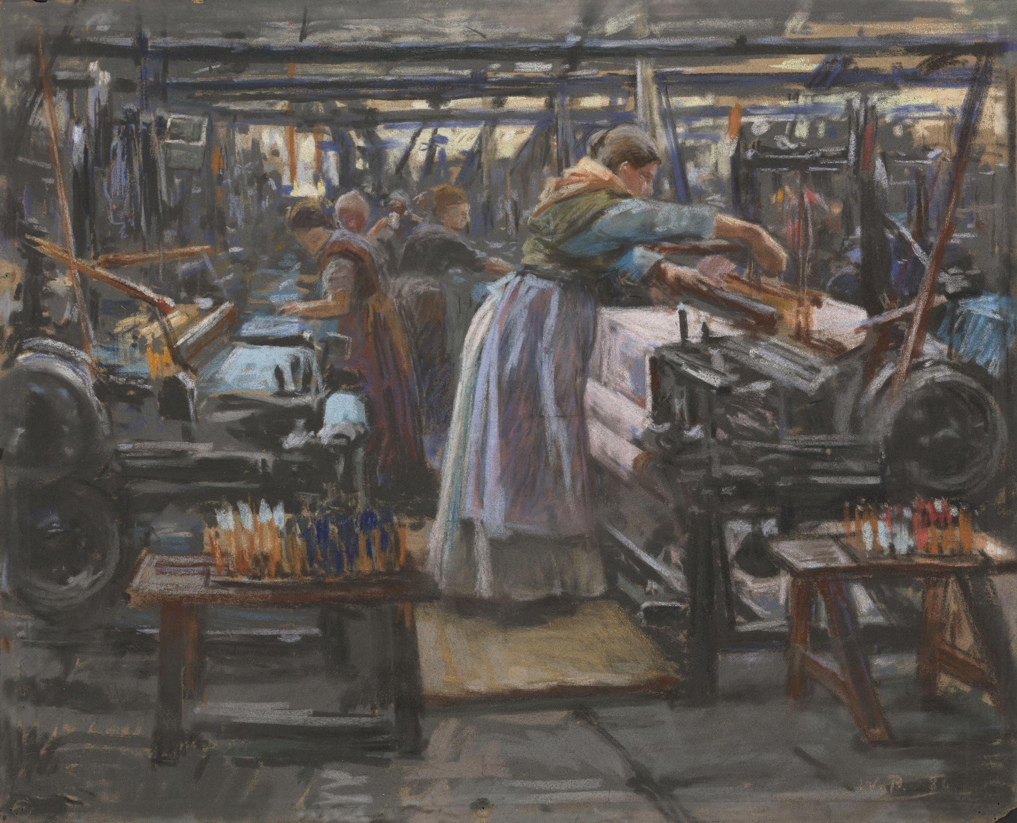 Eine Malerei aus dem Jahr 1886 zeigt Frauen, die in einer Fabrik an Webstühlen stehen.  © Wikimedia. 
