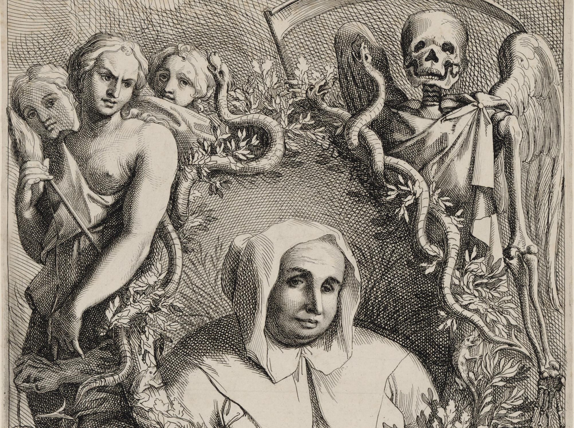 Zeichnung von einer Frau mit weißer Kapuze und Mantel, rundherum Schlangen, ein Drache und mystische Menschenfiguren sowie ein Skelett mit Flügeln und Sense.   © Wikimedia