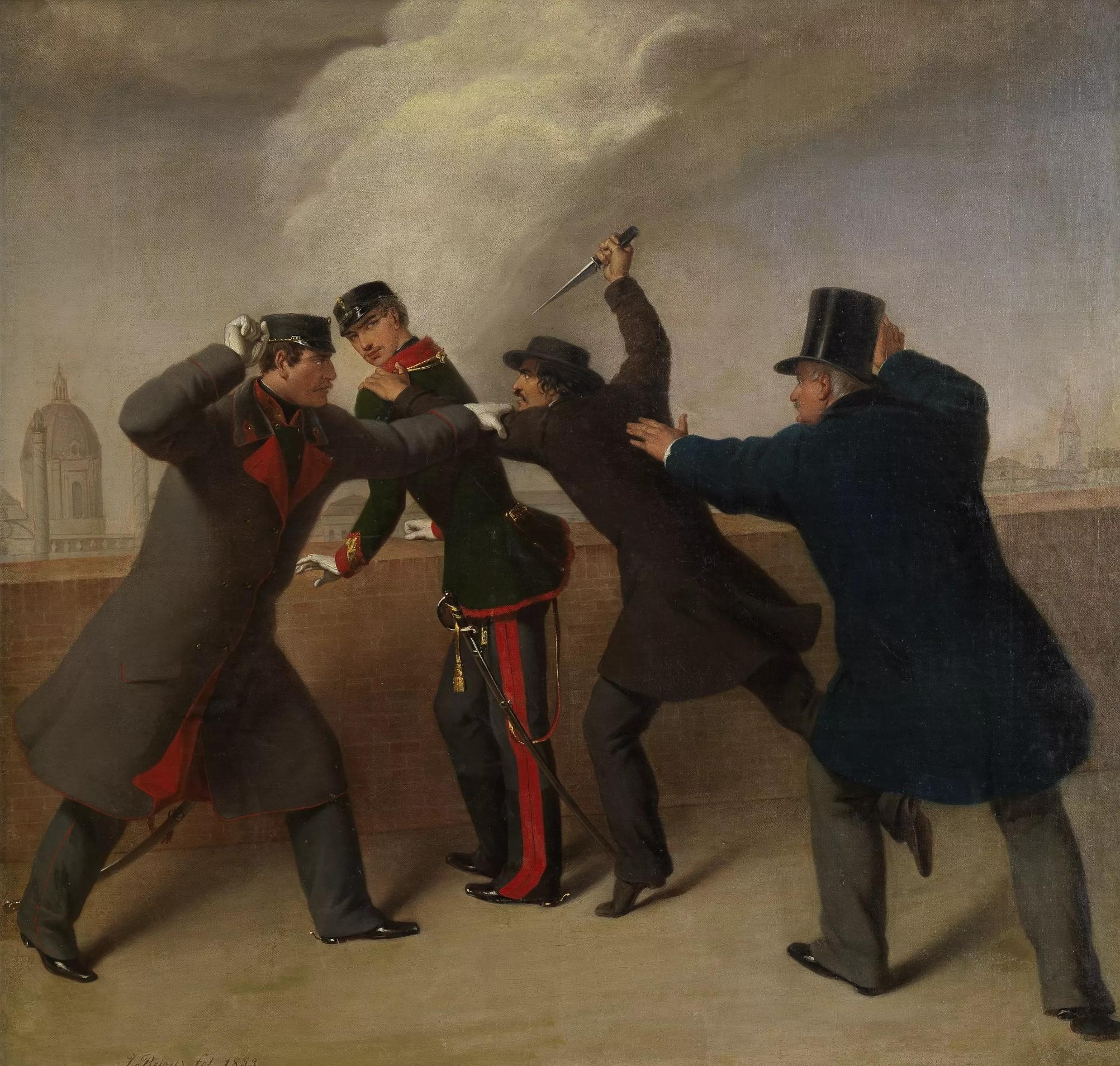 Gemälde von einem Mann mit Mantel und Hut, der mit einem Messer auf einen uniformierten Mann einsticht. Daneben stehen zwei Männer, die ihn davon abhalten wollen. Im Hintergrund Dächer von Häusern. © Wien Museum