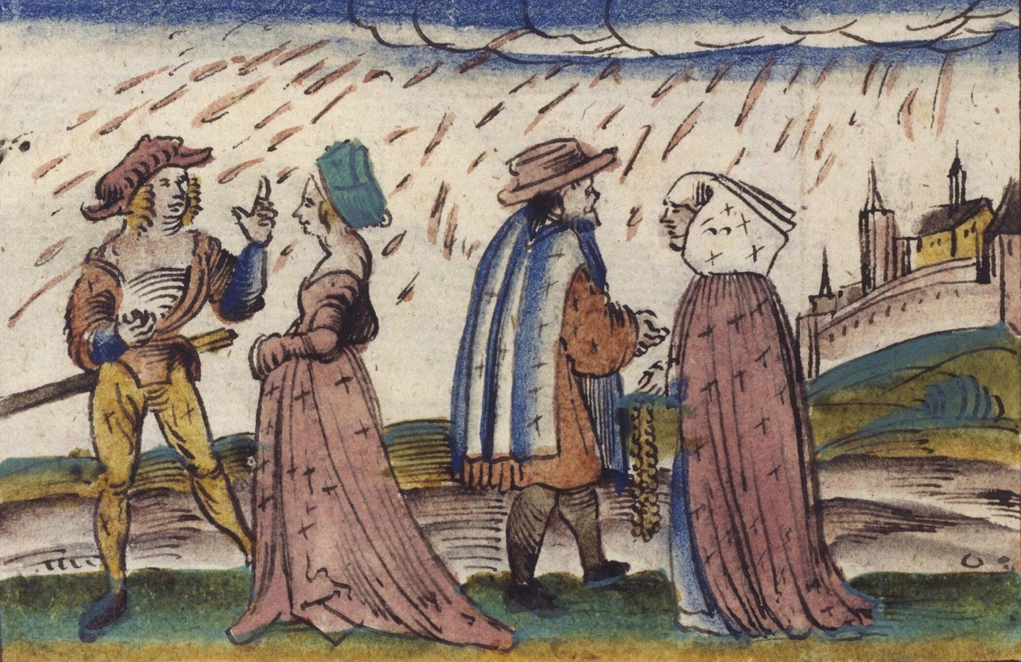 Einfache Zeichnung: Zwei Männer und zwei Frauen stehen auf einer Wiese. Es regnet. Die Männer tragen Hüte, die Frauen andere Kopfbedeckungen. Im Hintergrund ist eine ummauerte Stadt zu sehen.  © Bildarchiv Austria, Über Wunderzeichen, Zwei Paare im Freien im Regen, 1500 bis 1599