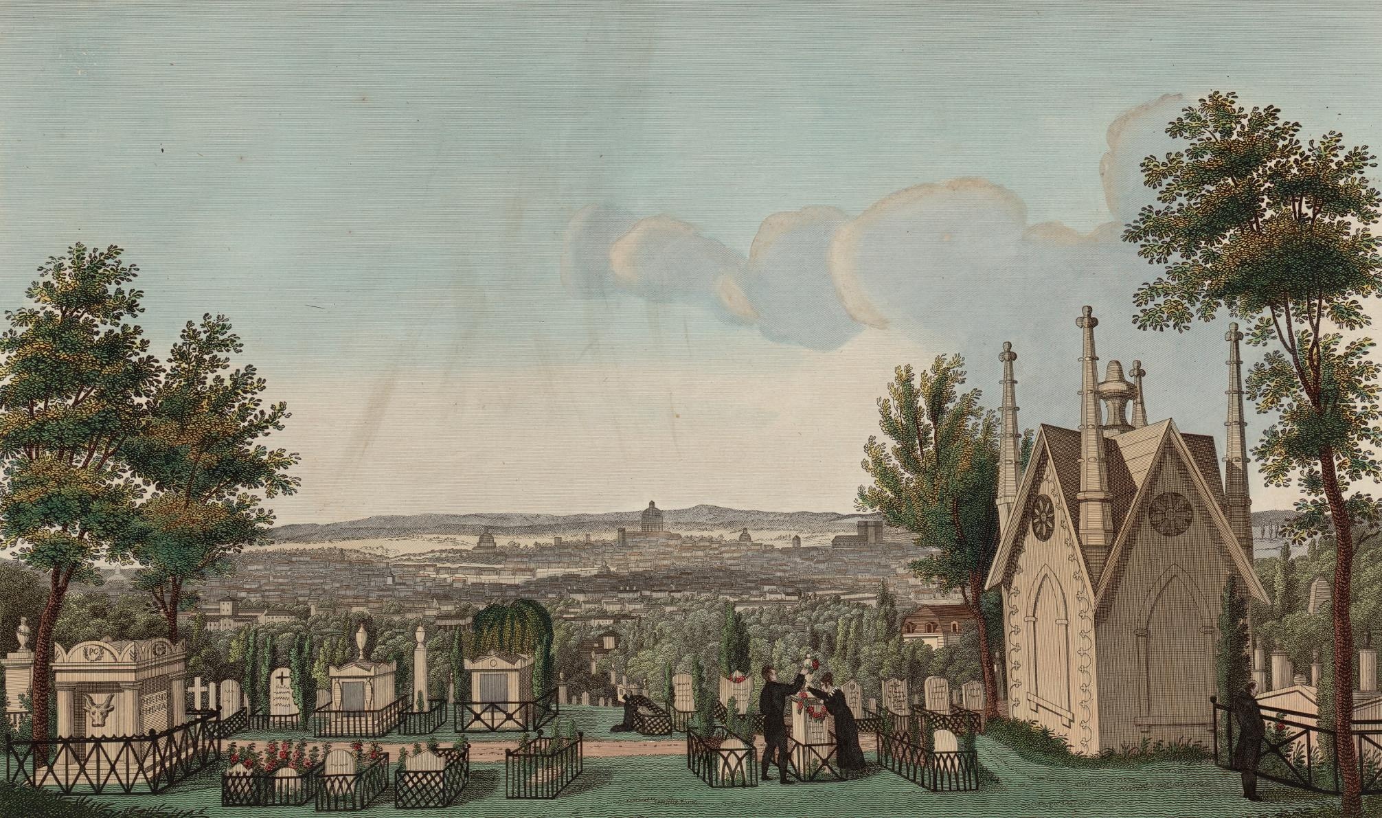 Zeichnung von einem Friedhof mit Einzelgr&auml;bern und Blick auf eine Stadt an einem Fluss. Rechts eine Kapelle mit vier T&uuml;rmen, daneben B&auml;ume.  &copy; Paris Mus&eacute;es 