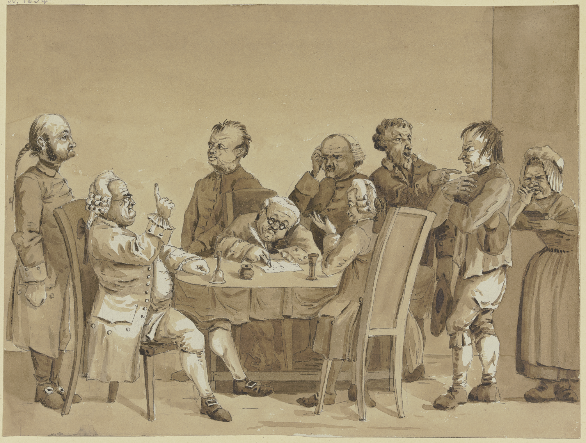 Gerichtsszene: Zwei Richter und ein Schreiber an einem Tisch, umgeben von sechs stehenden Personen, den Streitenden und einem Gerichtsdiener © Wikimedia
