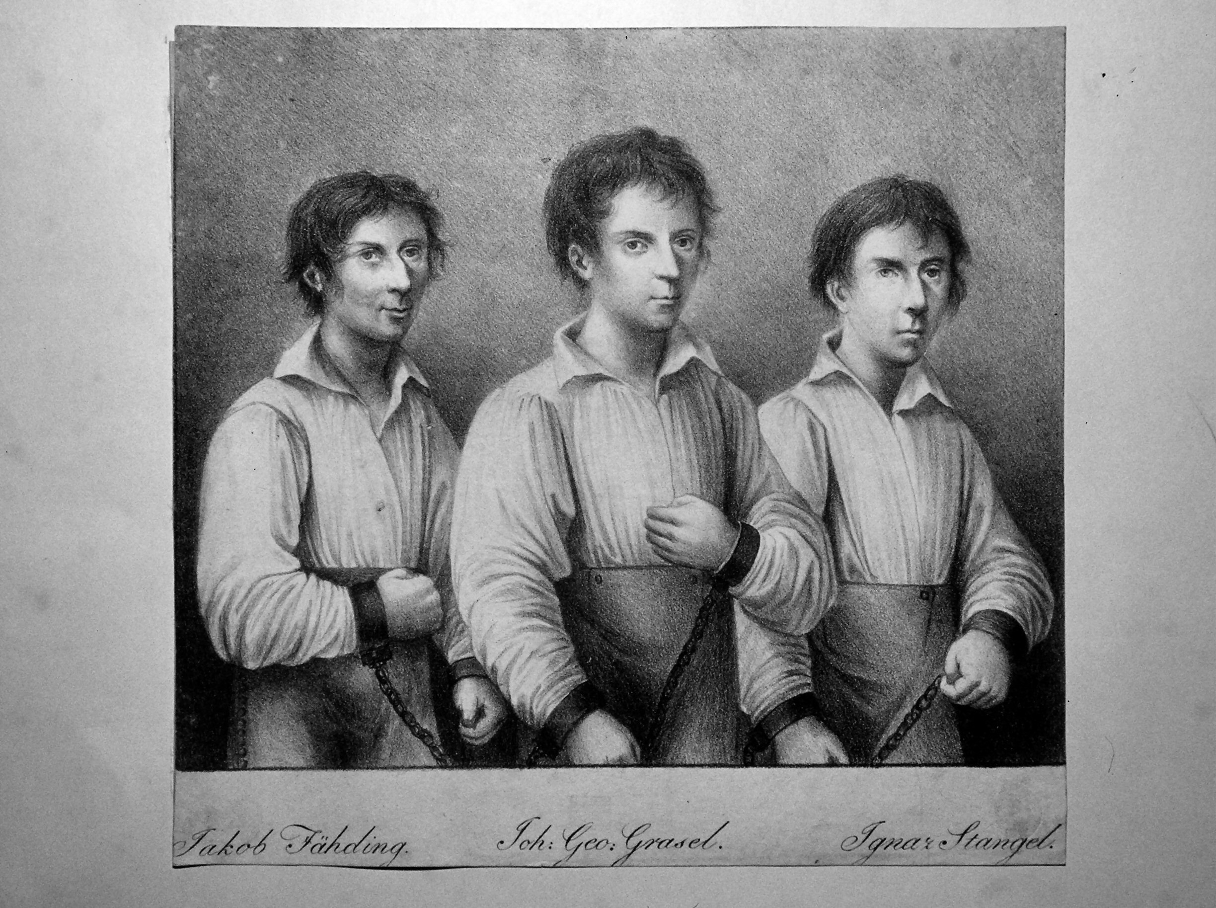 Die drei Räuber Jakob Fähding, Georg Grasel und Iganz Stangel stehen nebeneinander. Alle drei sind mit Handschellen angekettet. © Wikipedia