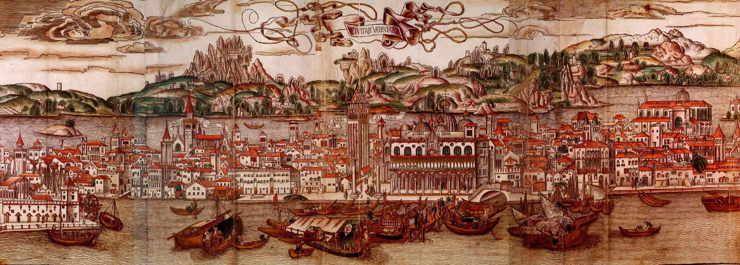 Venedig im 15. Jahrhundert mit Häusern, Palästen und Schiffen. Im Hintergrund befinden sich Inseln und grüne Hügel.  © Wikimedia