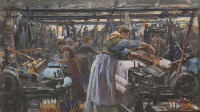 Eine Malerei aus dem Jahr 1886 zeigt Frauen, die in einer Fabrik an Webstühlen stehen.  © Wikimedia. 