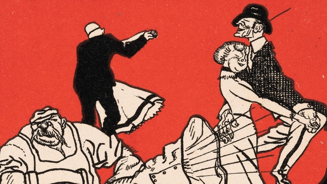 Eine Zeichnung, ganz vorne sind die Köpfe eines Pärchens zu sehen. Die Frau schmiegt sich an den Mann, die beiden tanzen offenbar. Die Augen haben sie geschlossen. Er mit Baskenmütze, sie mit hochgestecktem Haar und engem Halsband. Dahinter ein kräftig gebauter Mann mit Krug. Direkt vor ihm steht auf einem Stuhl ein Grammophon. Noch weiter hinten tanzen zwei Pärchen. Der Hintergrund ist einfärbig rot. © Wien Museum, Postkarte der Wiener Werkstätte: Tanzende und Grammophon, Moriz Jung, 1911.