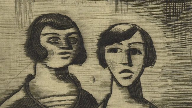Die Radierung zeigt zwei Frauen mit kurzem Haarschnitt im Portrait. Die Frau rechts hat einen erschrockenen Gesichtsausdruck.  © Wien Museum, Karl Wiener, erschrockene Frau, um 1930.