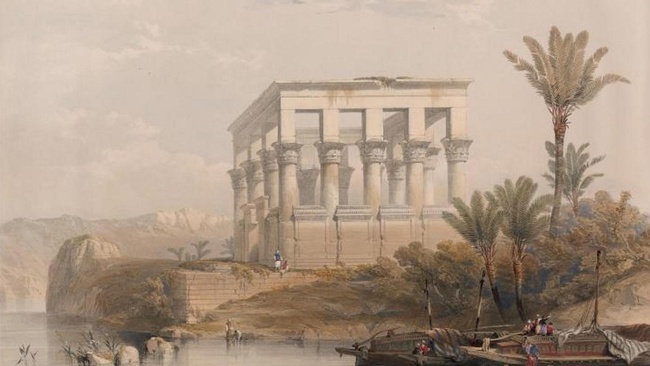 Im Vordergrund Schiffe auf dem Nil. Das Ufer ist von Palmen gesäumt und auf einer Anhöhe im Hintergrund steht ein Tempel.  © New York Public Library