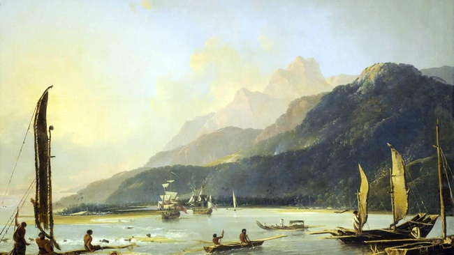 Das Segelschiff Resolution und Boote in einer Bucht vor Tahiti. © Wikimedia