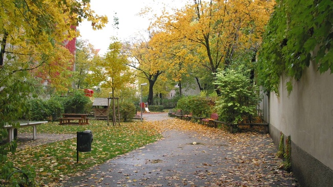 Das Foto zeigt den Planquadrat-Garten im Herbst. In der Mitte ist ein Weg, auf dem orange und braune Bl&auml;tter liegen. Rechts im Bild ist eine Mauer mit gr&uuml;nen Bl&auml;ttern von wildem Wein. Im Hof stehen mehrere B&auml;ume mit gr&uuml;nen und gelborangen Bl&auml;ttern, au&szlig;erdem gibt es B&auml;nke und einen Tischtennistisch.  &copy; I, Extrawurst, Planquadrat heute, CC BY-SA 3.0
