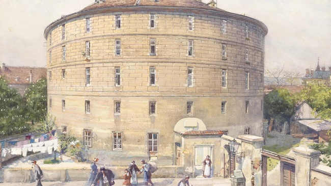 Aquarell des Narrenturms. Die untersten beiden Stockwerke des hellbraunen Turms sind glatt, während darüber noch deutlich Fugen zu sehen sind. Das Dach des Turms ist braunrot. Im Vordergrund vor dem Turm befinden sich einige Menschen. Links und rechts vom Turm gibt es grüne Bäume und Wäscheleinen.  © Wien Museum